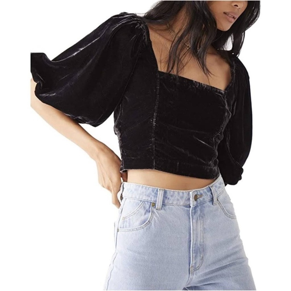 NWT Free People Marie Velour Velvet Crop Puff Sleeve Tie Back Top S